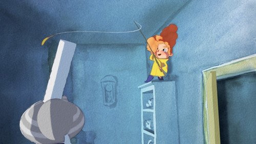 enfant avec une canne a peche et une crepe