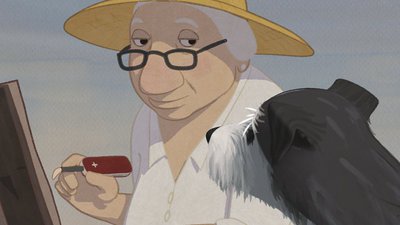 aquarelle portrait chien et Louise en hiver réalisation Jean-Francois Laguionie