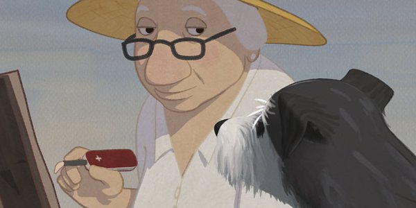 aquarelle portrait chien et Louise en hiver réalisation Jean-Francois Laguionie