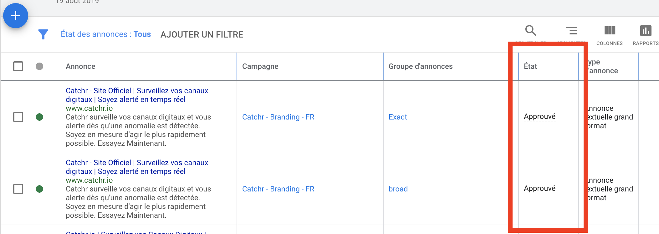 Capture d'écran annonces Catcchr Google Ads