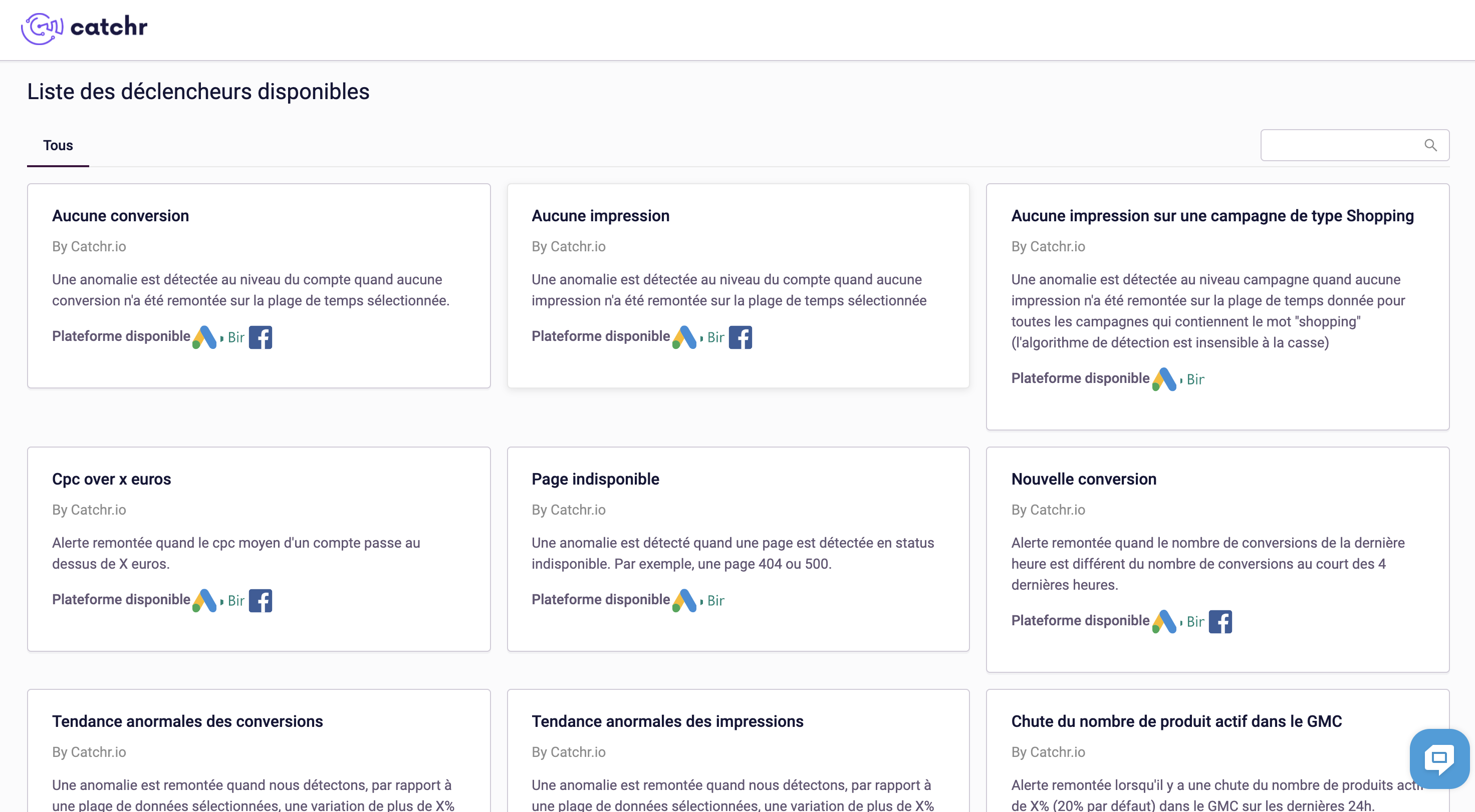 Liste des déclencheurs disponibles sur Catchr