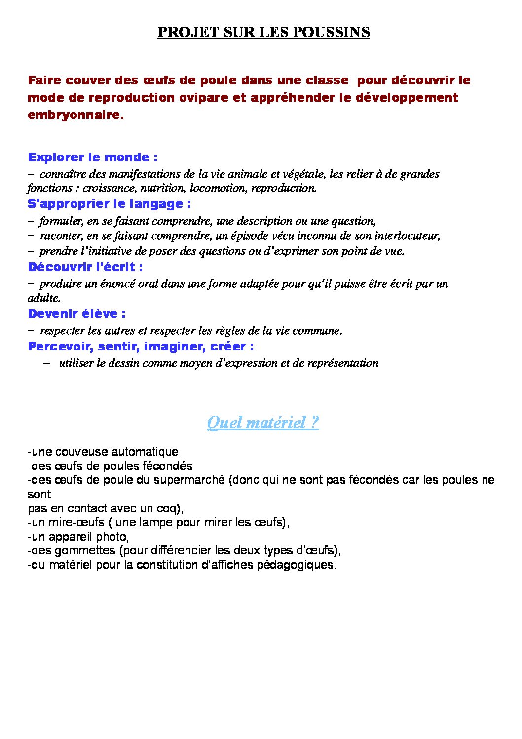 Séquence et cahier individuel d’investigation sur l’oeuf/poule/poussin