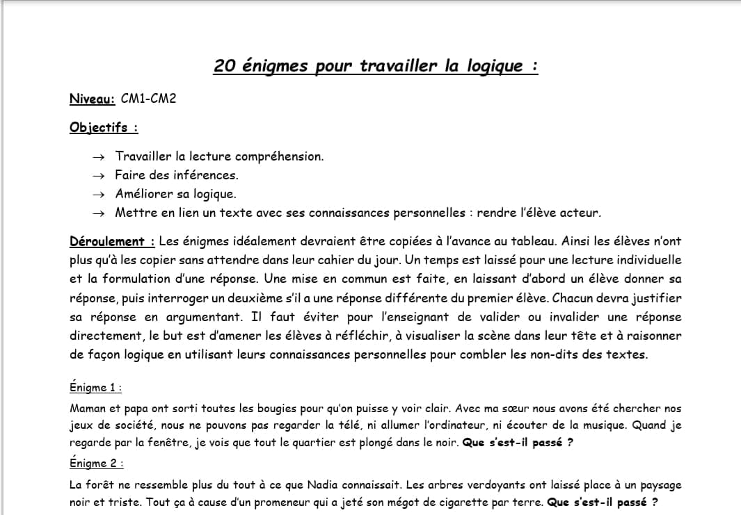 20 énigmes pour travailler la logique (CM1-CM2) NIV 2 (MOYEN)