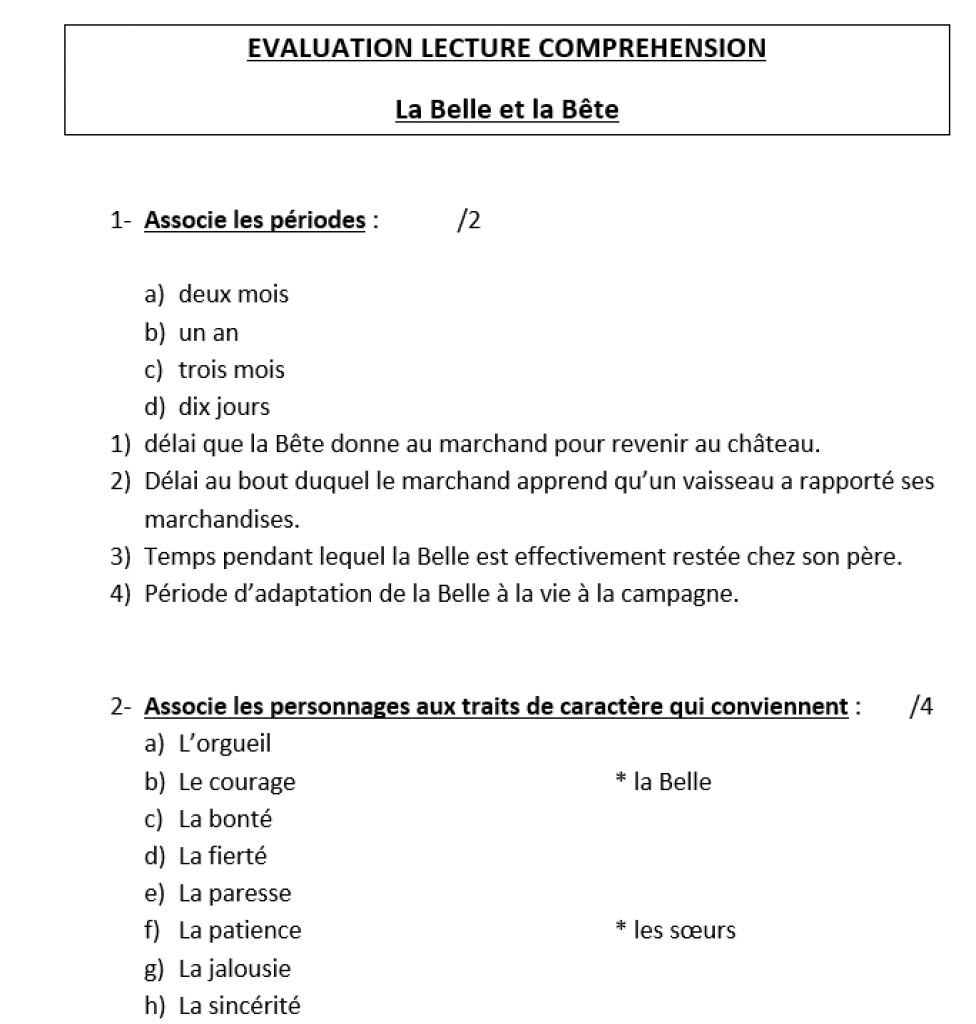 La Belle Et La Bête Questionnaire Cycle 3