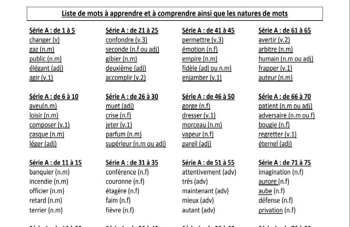 Liste de mots à apprendre pour CM2 et évaluation définition des mots