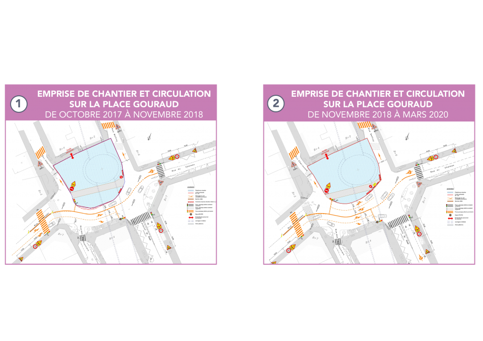 Étape 1 : emprise de chantier et circulation sur la place Gouraud, de octobre 2017 à novembre 2018 ; Étape 2 : emprise de chantier et circulation sur la place Gouraud, de novembre 2018 à mars 2020