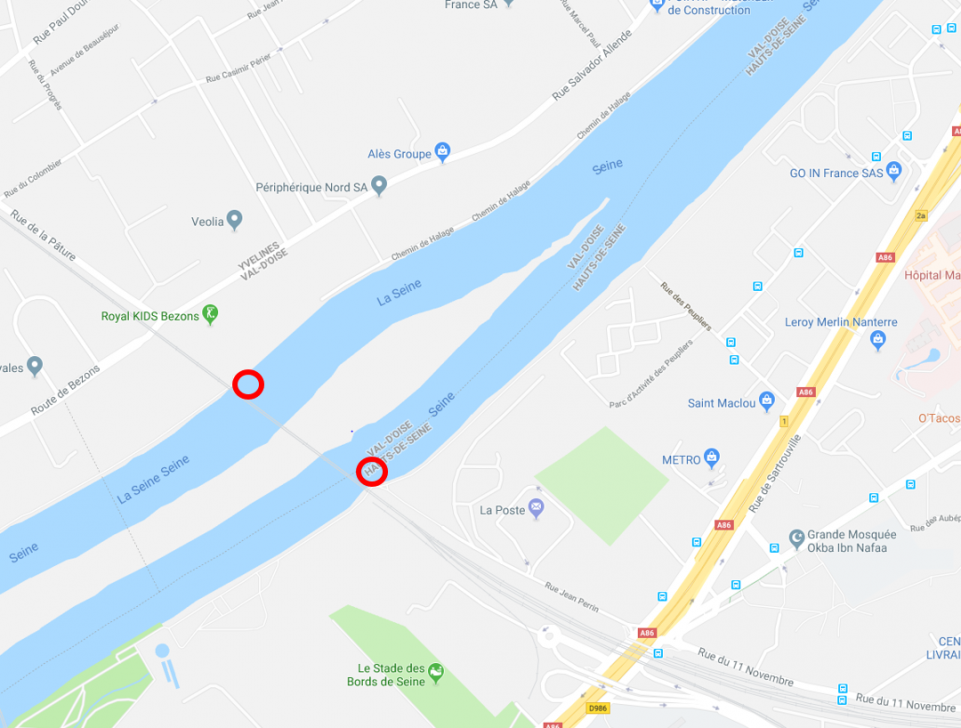 Carte avec des rond rouge qui délimite les chemins de halage, les 2 sont situés sur chaque branche de la Seine