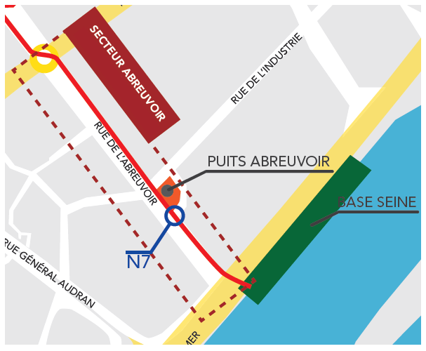Plan de la zone des travaux de l'abreuvoir entre le secteur abreuvoir et la rue de l'abreuvoir. Mise en place d'une passerelle qui entrainera la fermeture des l'accès au parking privatif de l'immeuble du 11 - 15 quai Paul Doumer entre 21h et 5h. des déviations seront mises en place.