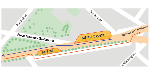 ce plan montre le nouveau sens de circulation routière pendant les travaux du puits friedland. Une ligne rouge indique la route à emprunter quand on arrive de l'etoile, et passe par la contre allée impair. une ligne violette montre le chemin à prendre quand on vient d'haussman et passe à gauche de l'emprise chantier puis à droite de la base vie