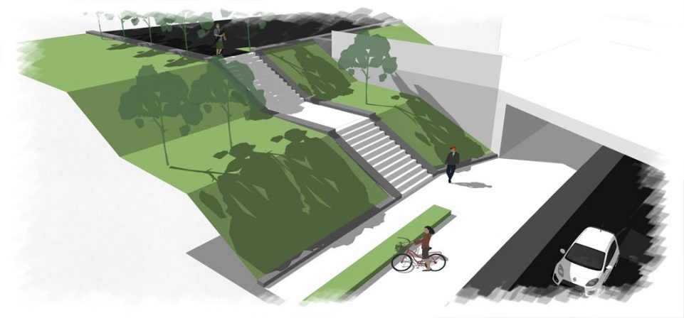 visuel montrant l'aménagement à venir du PN6. un espace de verdure encadre le futur pont ferroviaire. les voitures passeront en dessous du pont. une piste cyclabe est faite le long de la route et un accès escalier est réalisé à gauche du pont ferroviaire.
