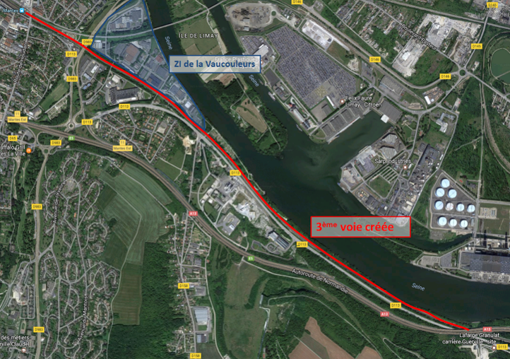 Vue satellite de la ligne actuelle comprennant 2 voies sur laquelle on a fait figurer la future 3ème voie en rouge.