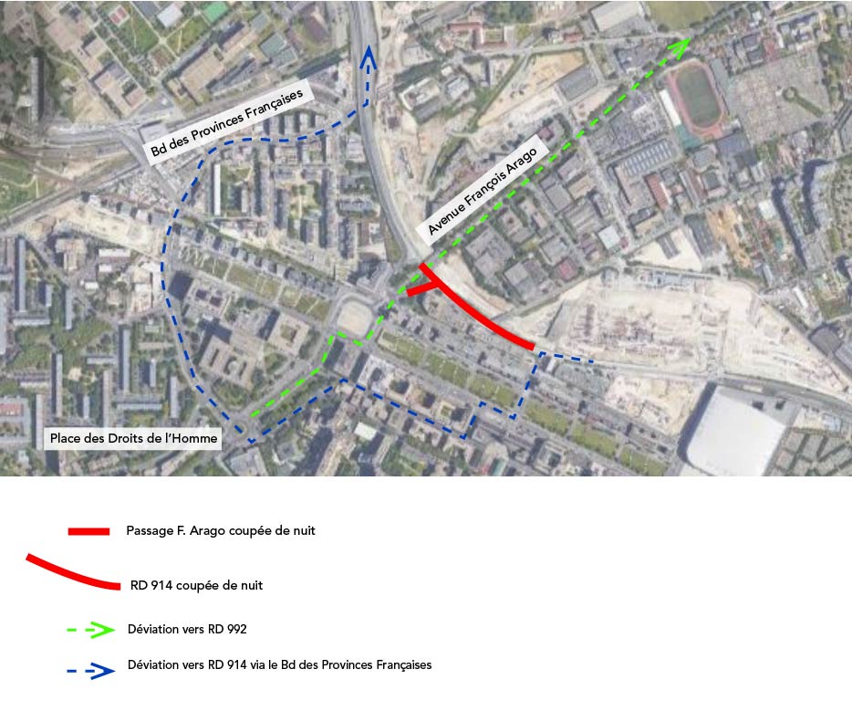carte de déviation routière liée aux travaux de nuit sur le pont françois arago à Nanterre