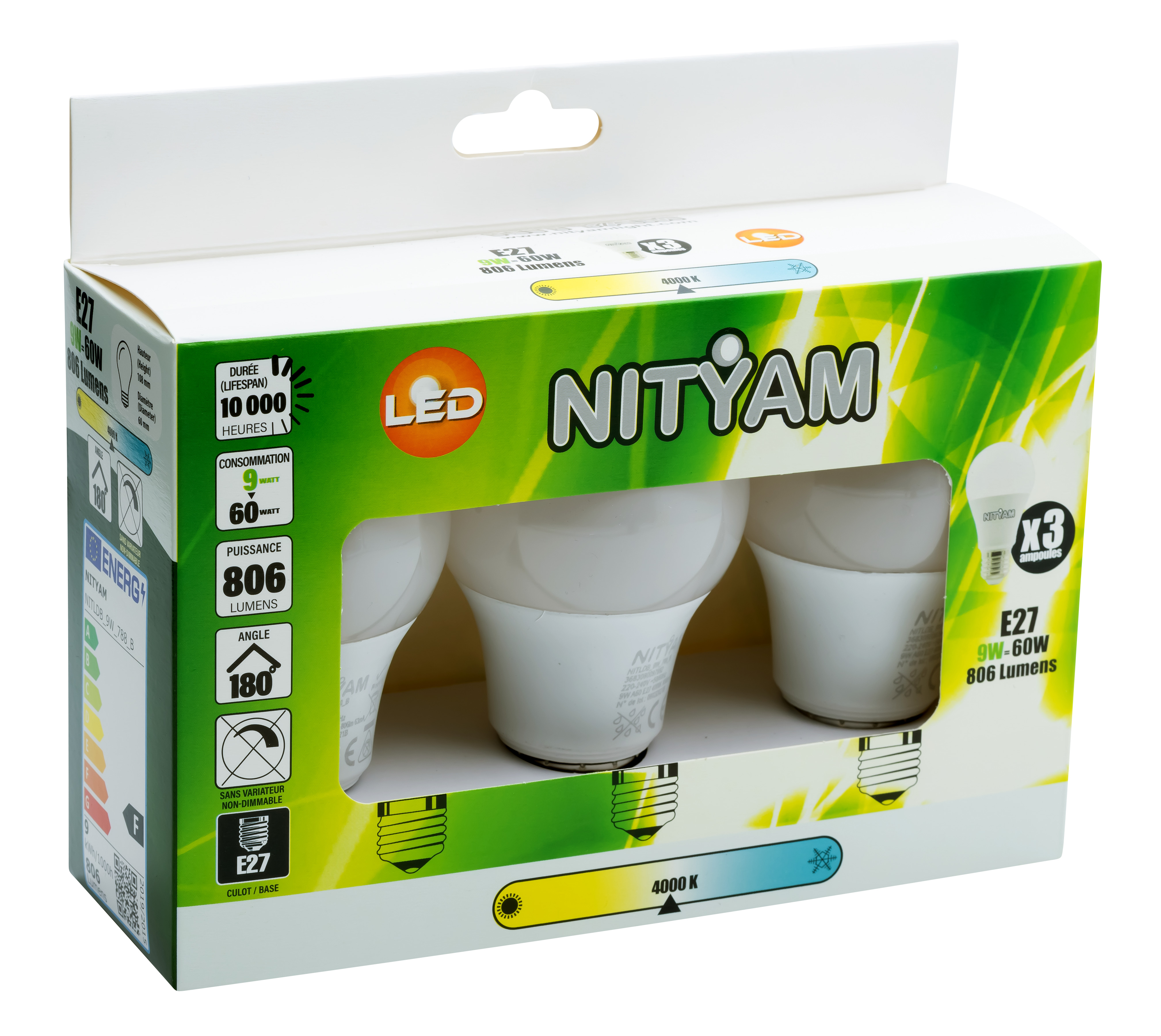 Boîte de 3 ampoules standards e27 9w 806lm 4w - nityam