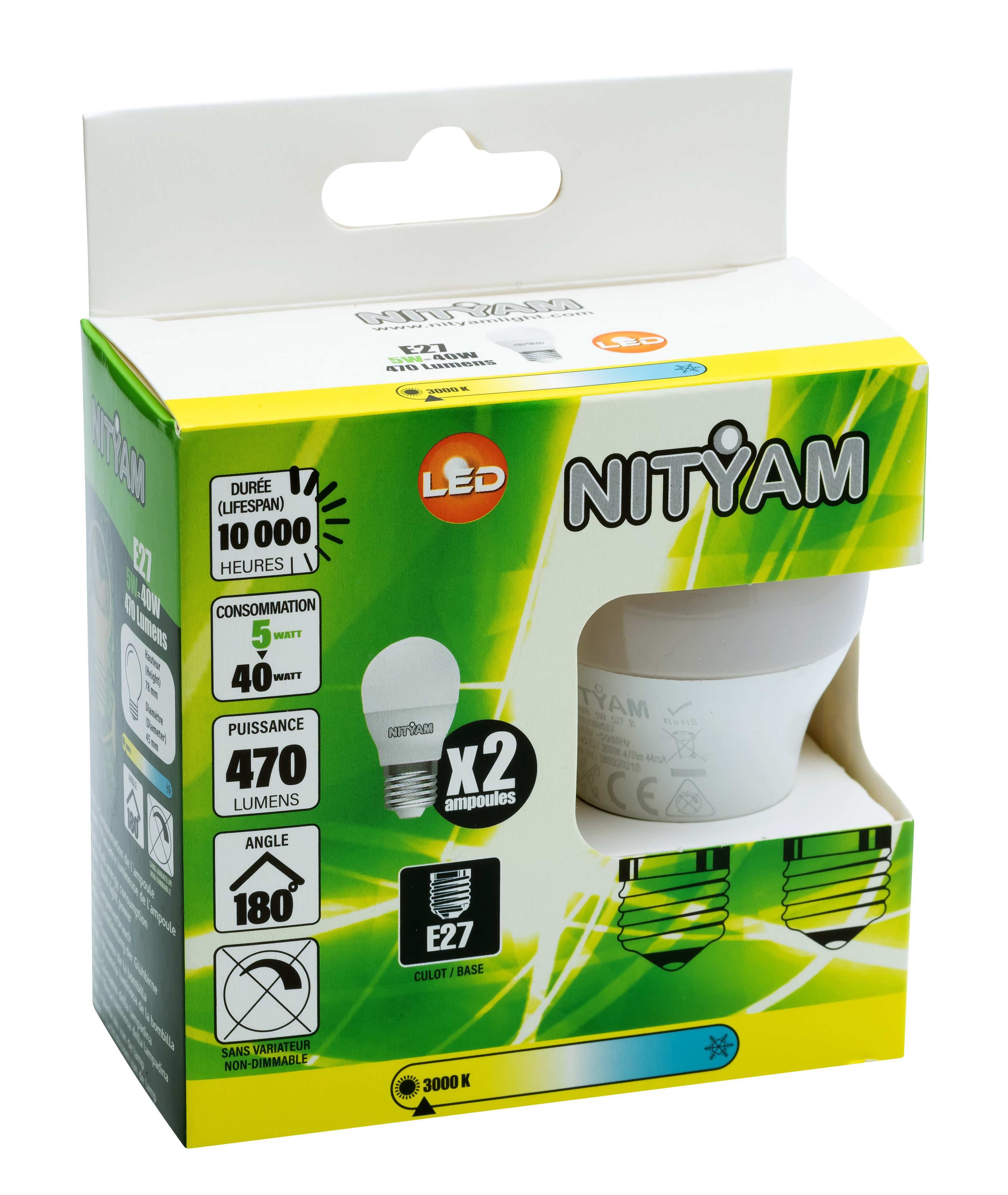 Boîte de 2 ampoules sphériques e27 5w 470lm 3k - nityam