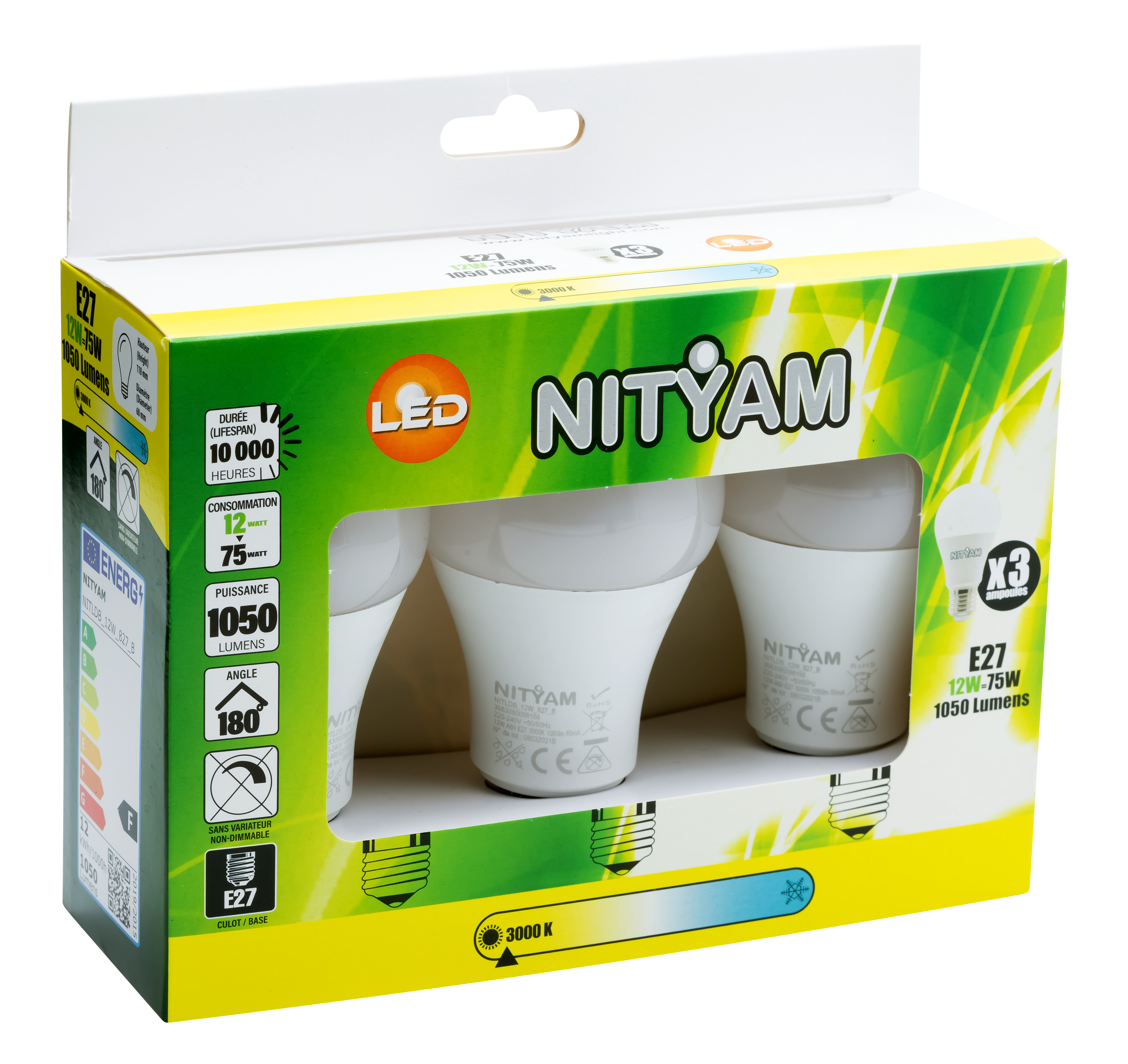 Boîte de 3 ampoules standards e27 12w 1050lm 3k - nitam