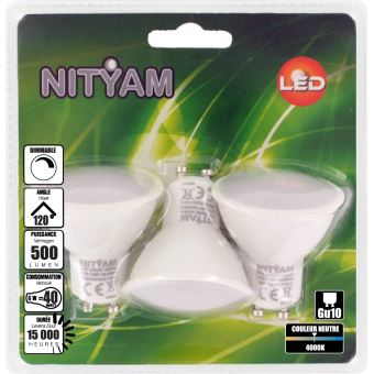 Pack de 3 ampoules nityam led gu10 dimmable 4000k 6w blanc
