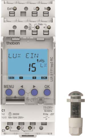 Interrupteur crépusculaire digital fixation sur rail din. 2 Modules. Réglage 1-99000 lux. Tension 23