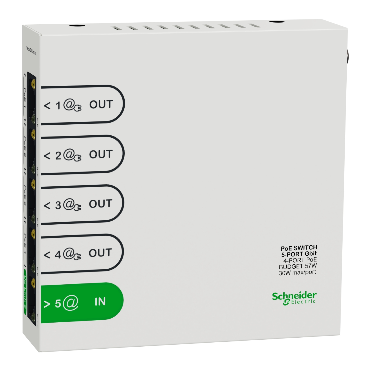 Schr9h5swp57 schneider electric resi9 switch ethernet 5 ports, 4 ports 1gbit poe 30w max, budget tot