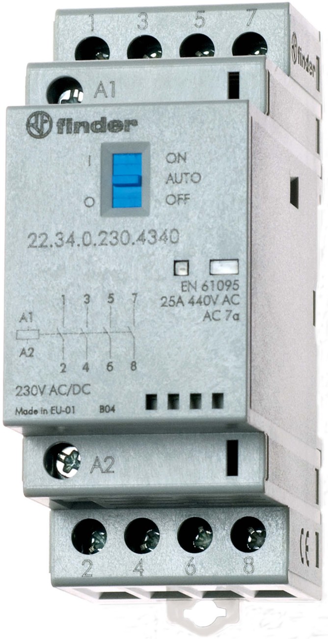 Contacteur modulaire 4no 25a 24v ac/dc, matériau des contacts agsno2, indicateur mécanique + led, av