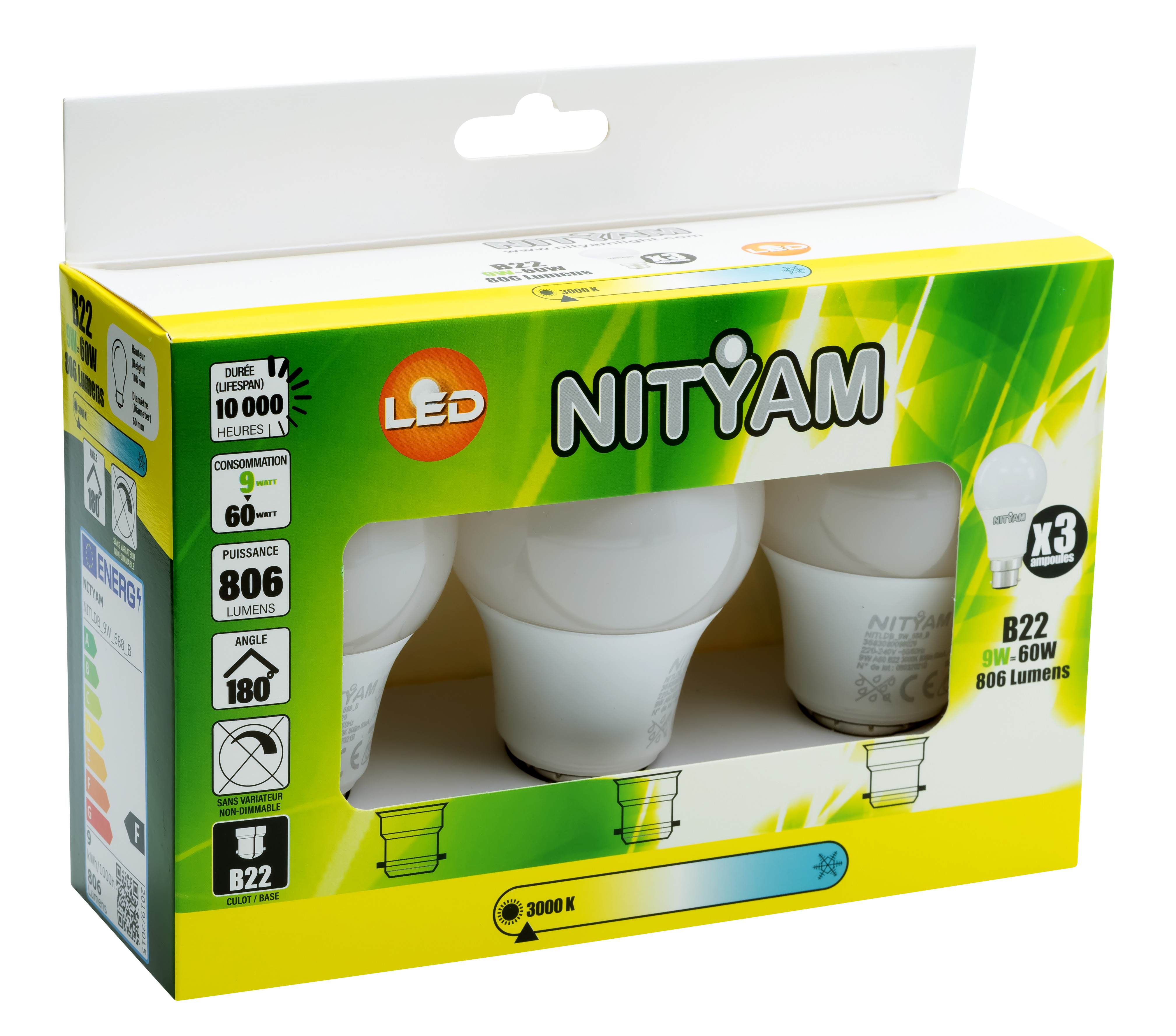 Boîte de 3 ampoules standards b22 9w 806lm 3k - nityam