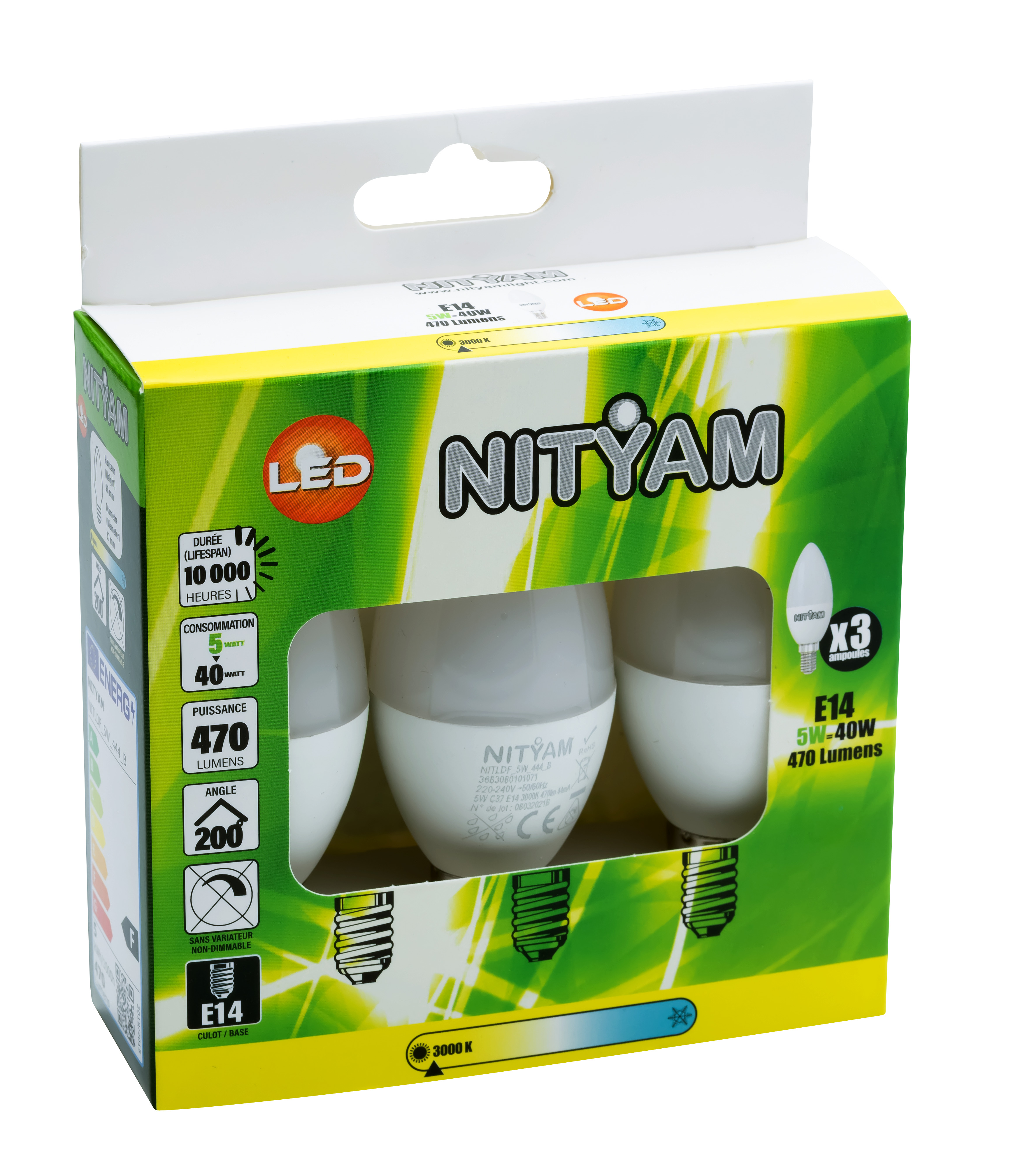 Boîte de 3 ampoules flamme e14 5w 470lm 3k - nityam