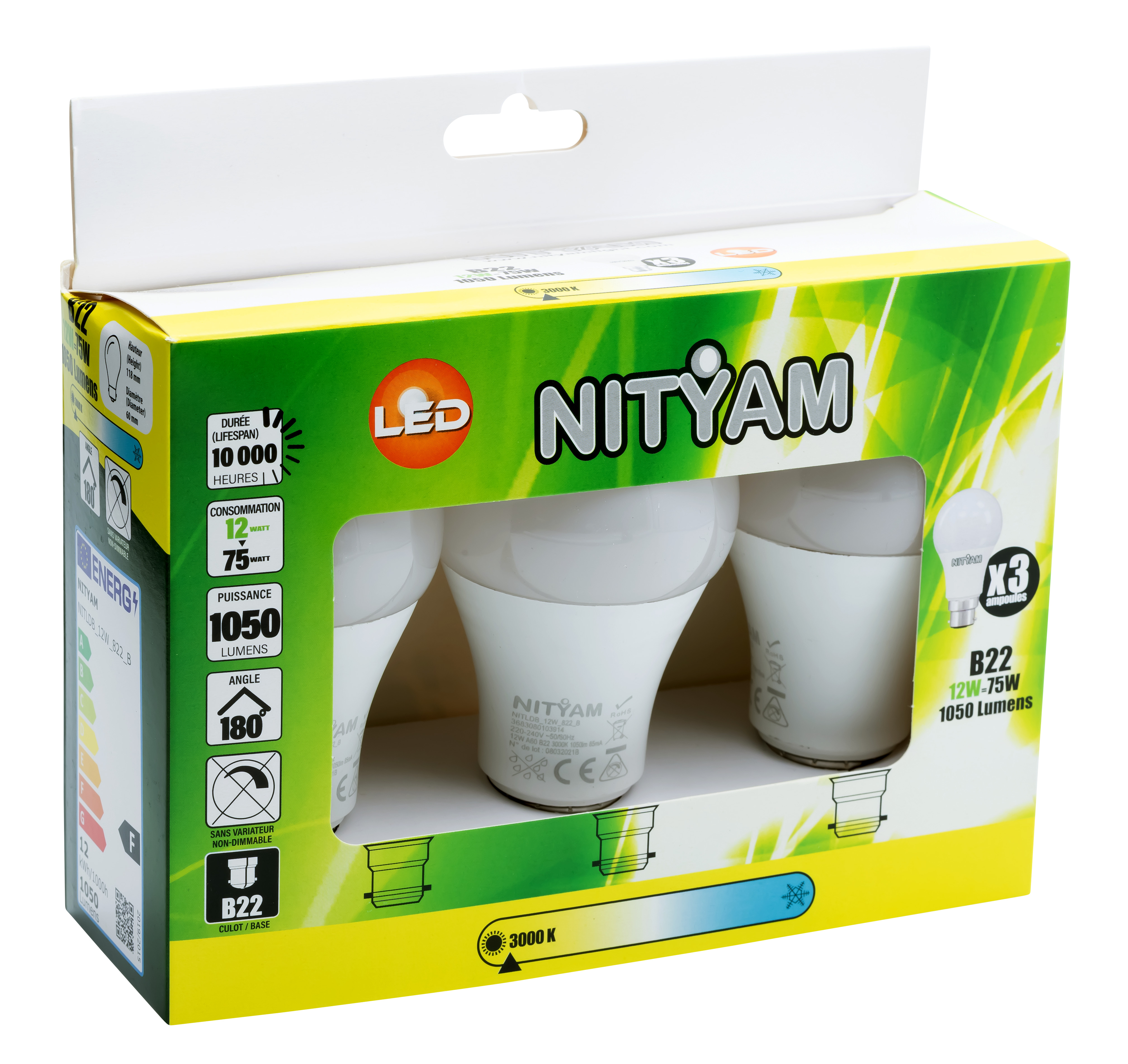 Boîte de 3 ampoules standards b22 12w 1050lm 3k - nityam