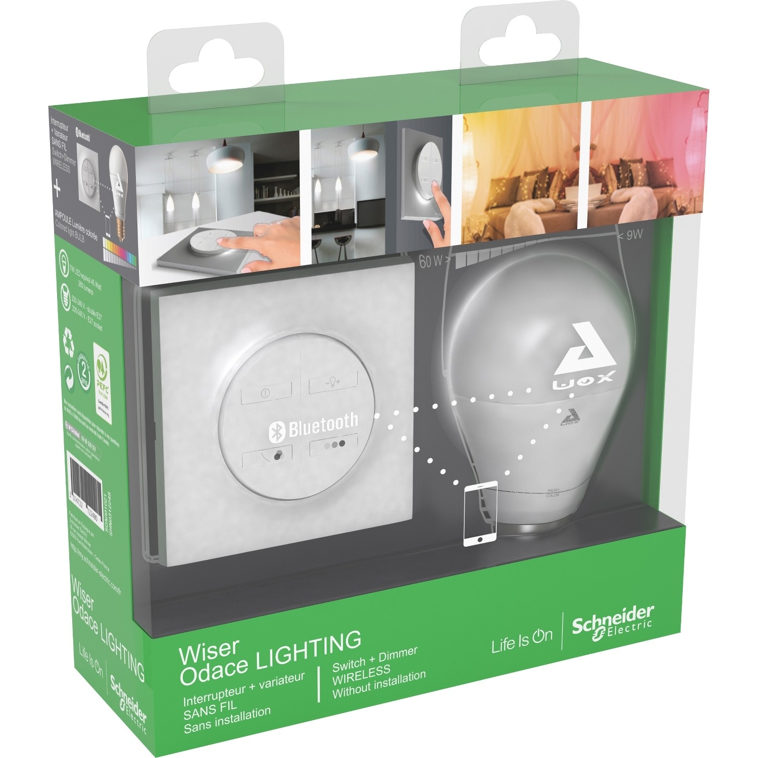 Inter connecté blanc odace + ampoule led couleur intelligente e27 9w s527578c