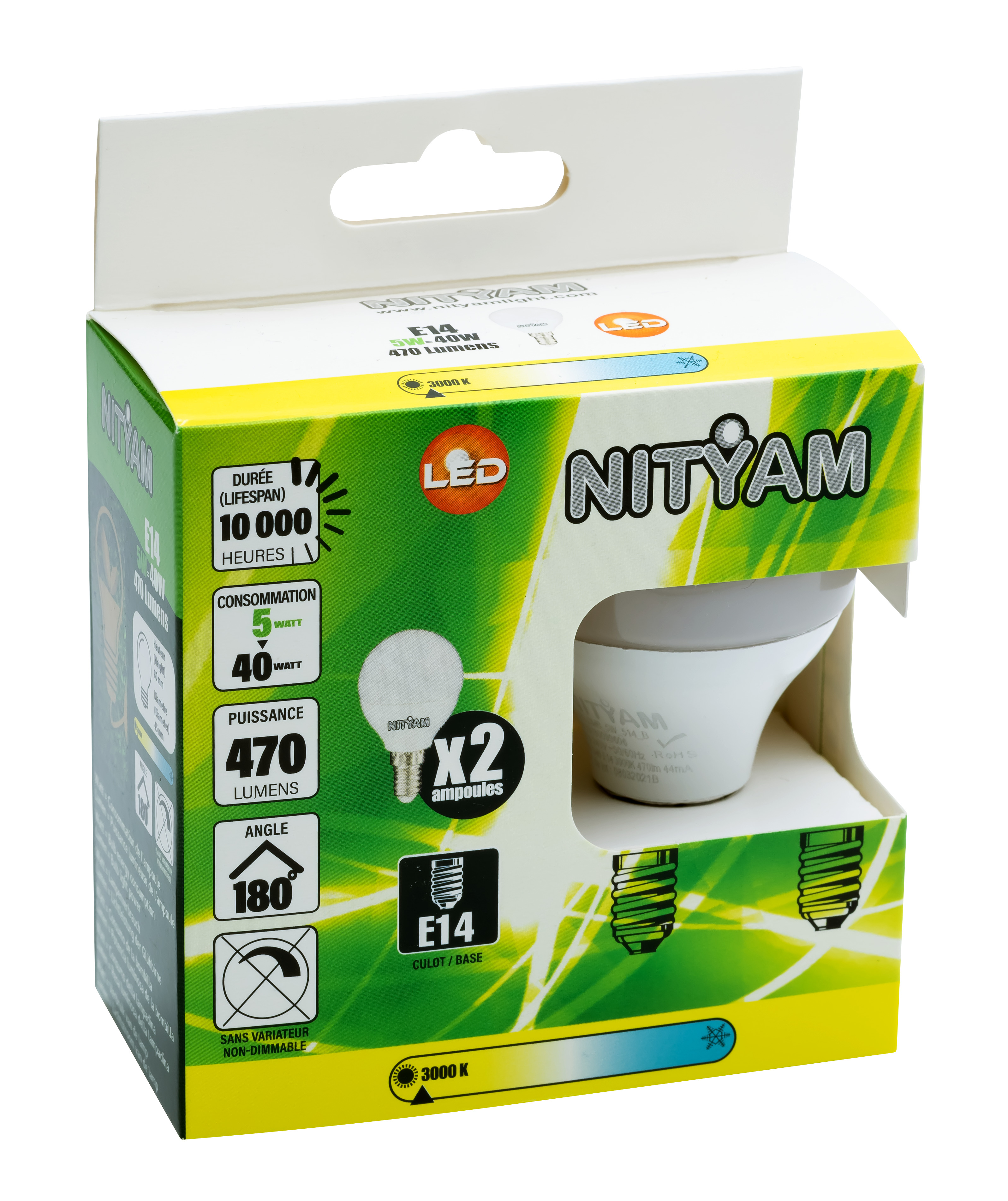 Boîte de 2 ampoules sphériques e14 5w 470lm 3k - nityam