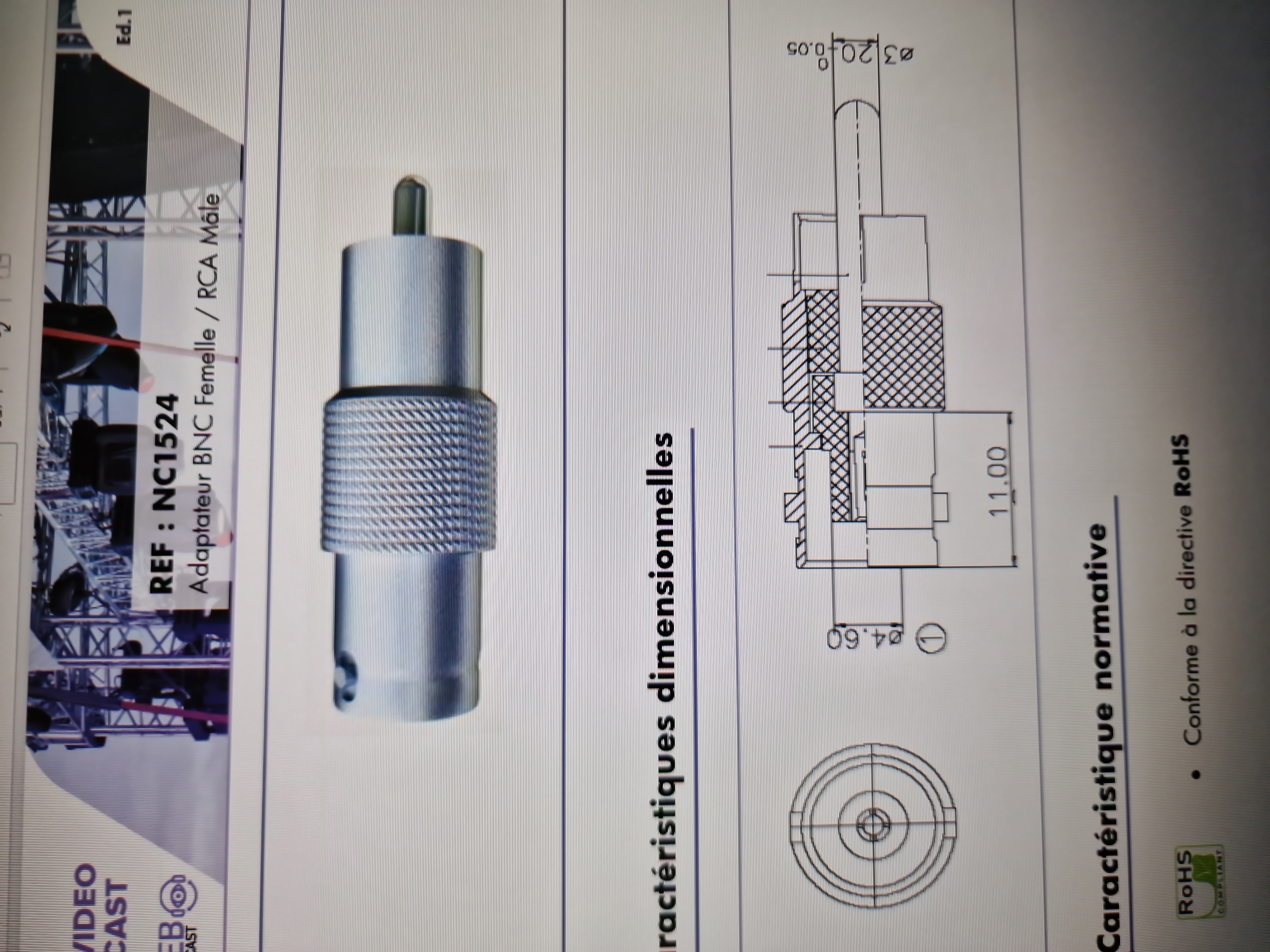 Adaptateur bnc femelle / rca mâle