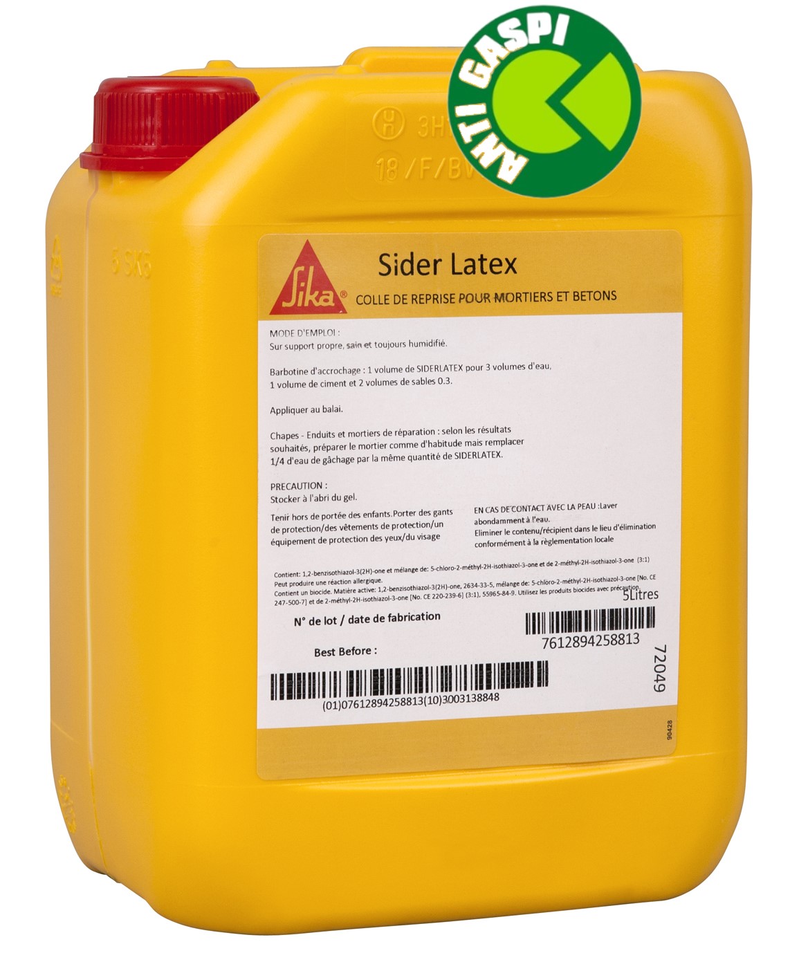 Sider latex. Résine à mélanger à l’eau de gâchage des mortiers et béton. Emulsion de résine copolymè